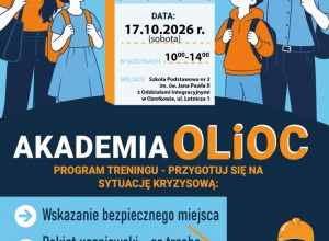 Plakat Krajowego Treningu Rodzinnego – Akademia OLiOC, organizowanego 17 października 2026 r. w godz. 10:00–14:00 w Szkole Podstawowej nr 2 w Ozorkowie. Tematyka obejmuje przygotowanie rodzi