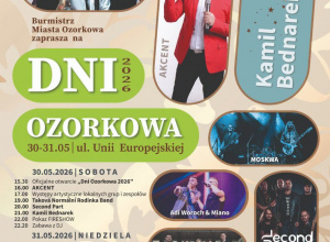 Plakat promujący „Dni Ozorkowa 2026”, które odbędą się 30–31 maja przy ul. Unii Europejskiej w Ozorkowie. Na plakacie znajdują się zdjęcia artystów i zespołów występujących podczas wydarzeni
